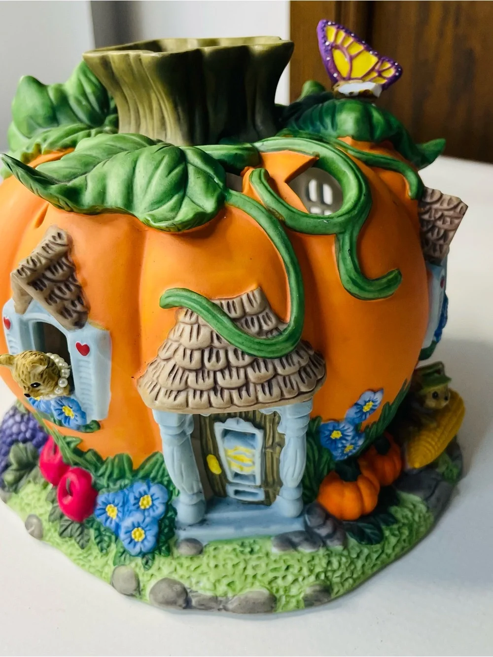 Ceramic Party Lite Orange Pumpkin Fairy House For Tea Lights - Decorative